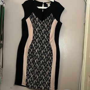 Janette Plus Black and Blush Lace-Panel Midi Sheath Dress